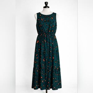 Sleeveless Teal Maxi Dress with Orange Print